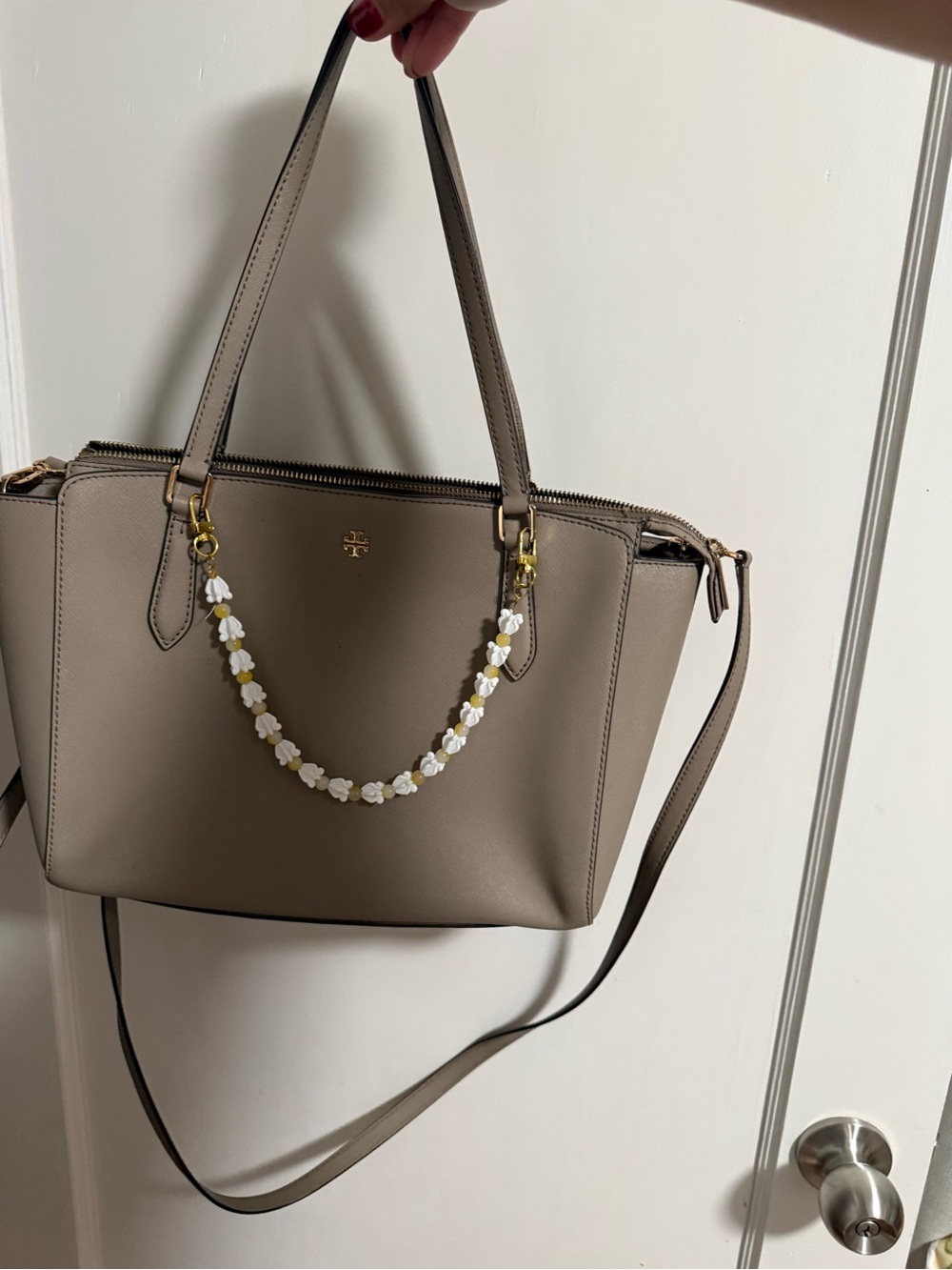 Tory Burch Taupe Leather Tote with White Floral Detachable Strap